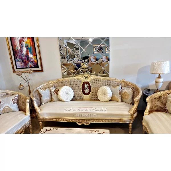 Sheesham Wood Canned Sofa with Mother of Pearl and Chalk Finish